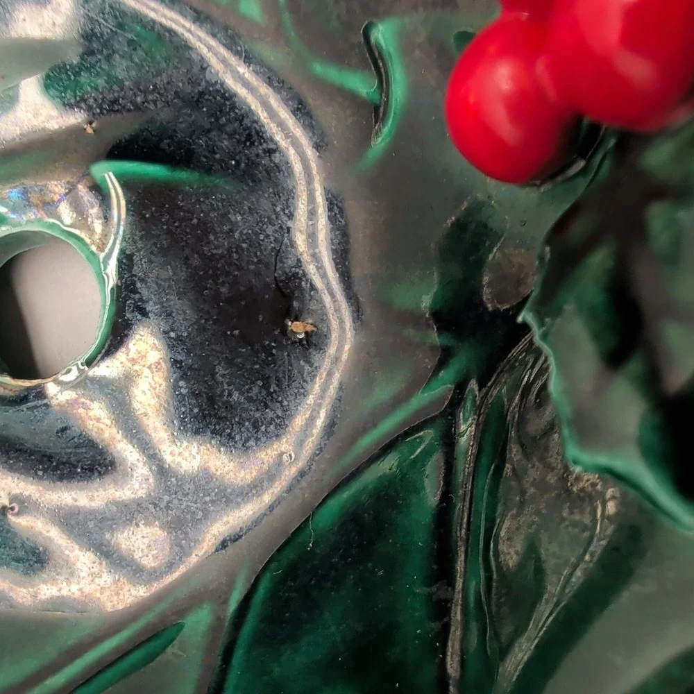 Vintage Lefton 5189 Christmas Holly Leaf 2 Tier Tidbit Tray Green Red Berries